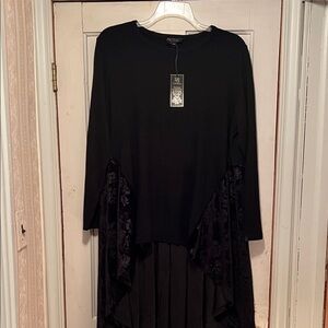 Black Long Sleeve Top with Velvet Detail Bottom - High in Front, Lower in Back